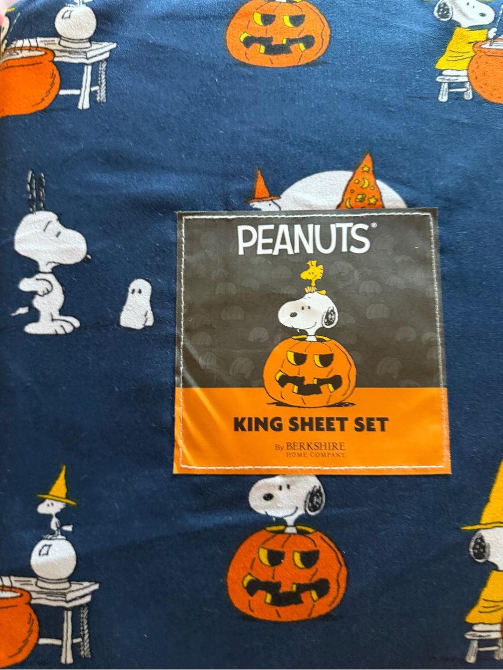 NEW Peanuts Gang Halloween Sheet Set KING Snoopy Woodstock Pumpkin Magic Blue